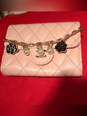Pink Quilted Leather Wallet/Crossbody Bag with Gold Chain and Pearl Charms